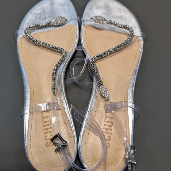 SCHUTZ Silver Cream Sandals with Metallic Trim - Picture 1 of 2